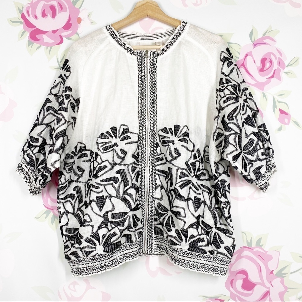 Chico’s Floral Boho Embroidered Linen Zip Up Blouse XL